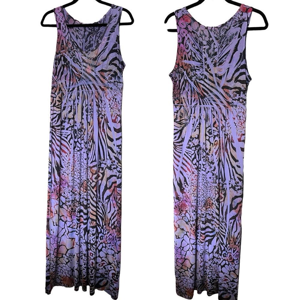 Apt. 9 Lavender Multi-Print Sleeveless Maxi Dress with Pink and Black Accents